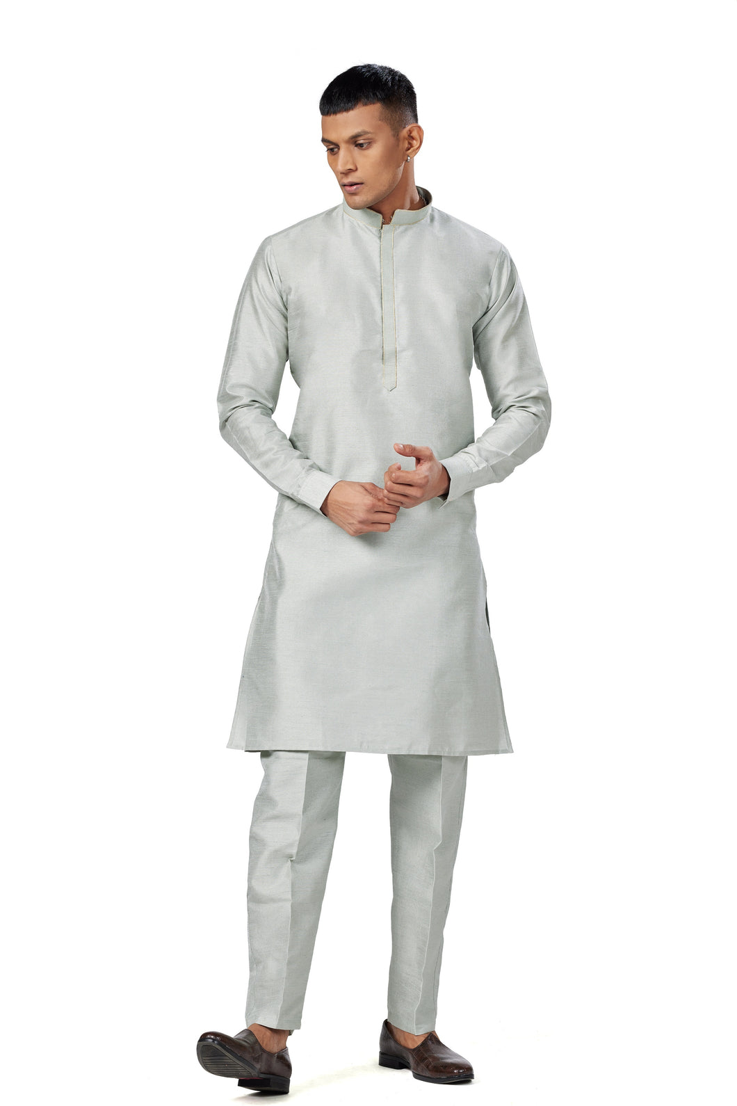 Ajay Arvindbhai Khatri Men Stylist Semi Raw Silk Kurta Pajama With Collar Thread Work