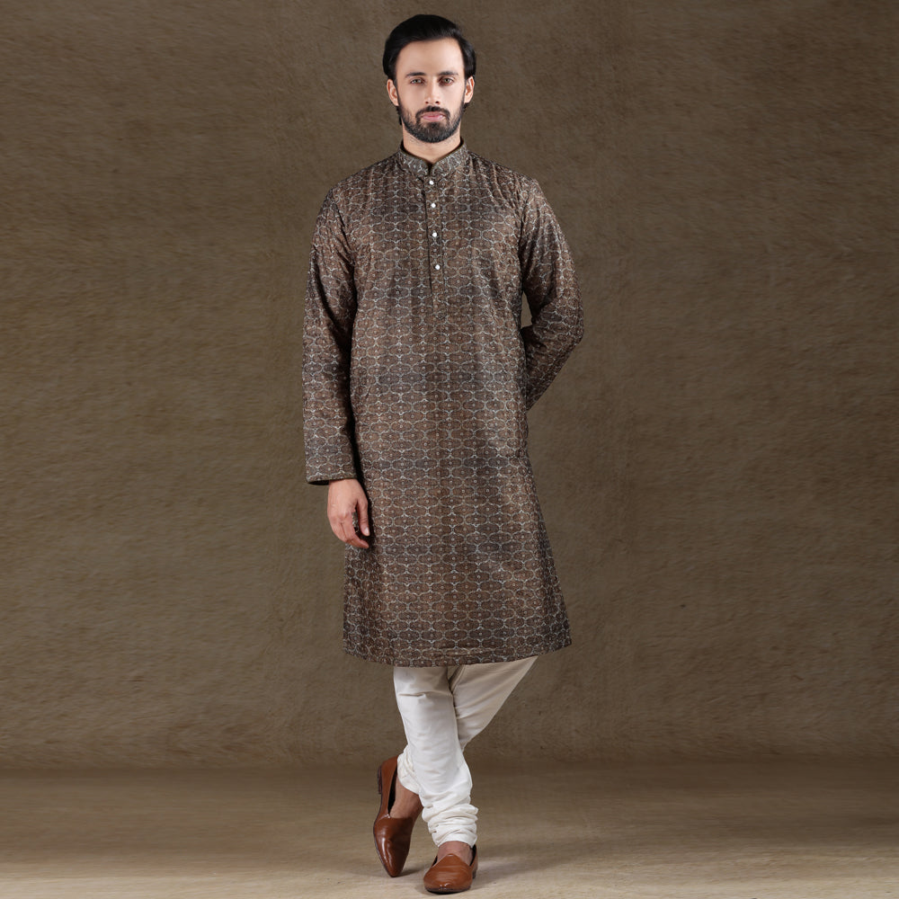 mens coffee brown colour printed kurta