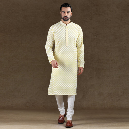 mens embroidered lemon yellow colour kurta pajama set