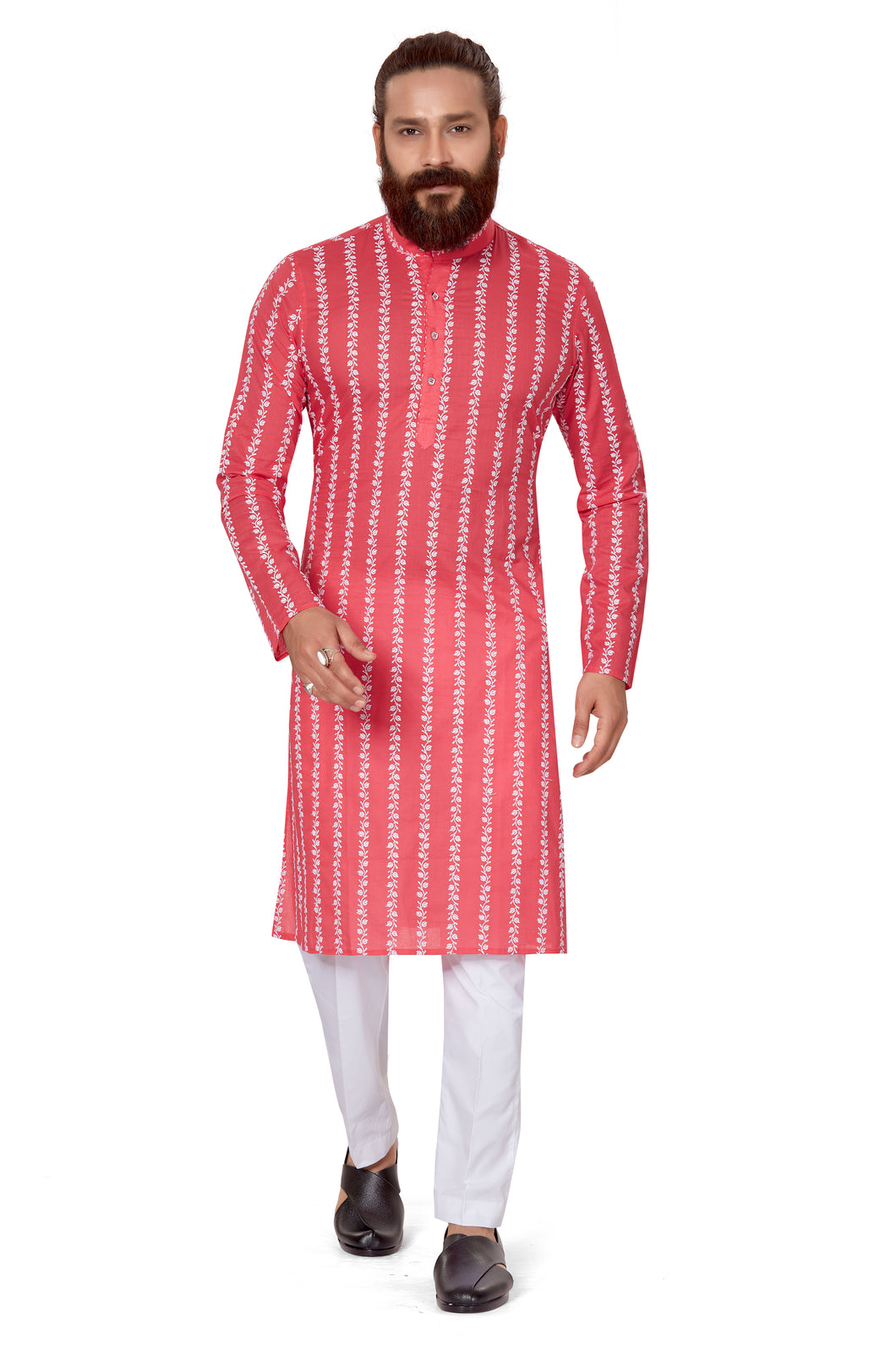 mens dark pink color cotton embroidery kurta