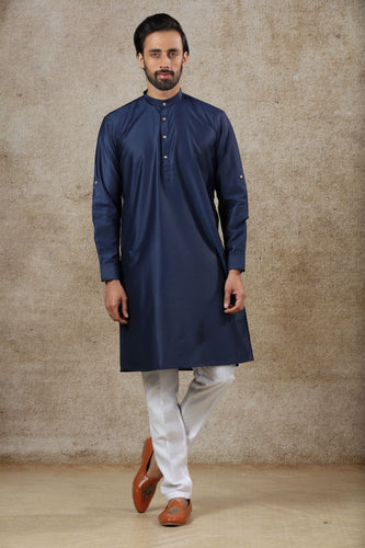 mens navy blue color kurta pajama set