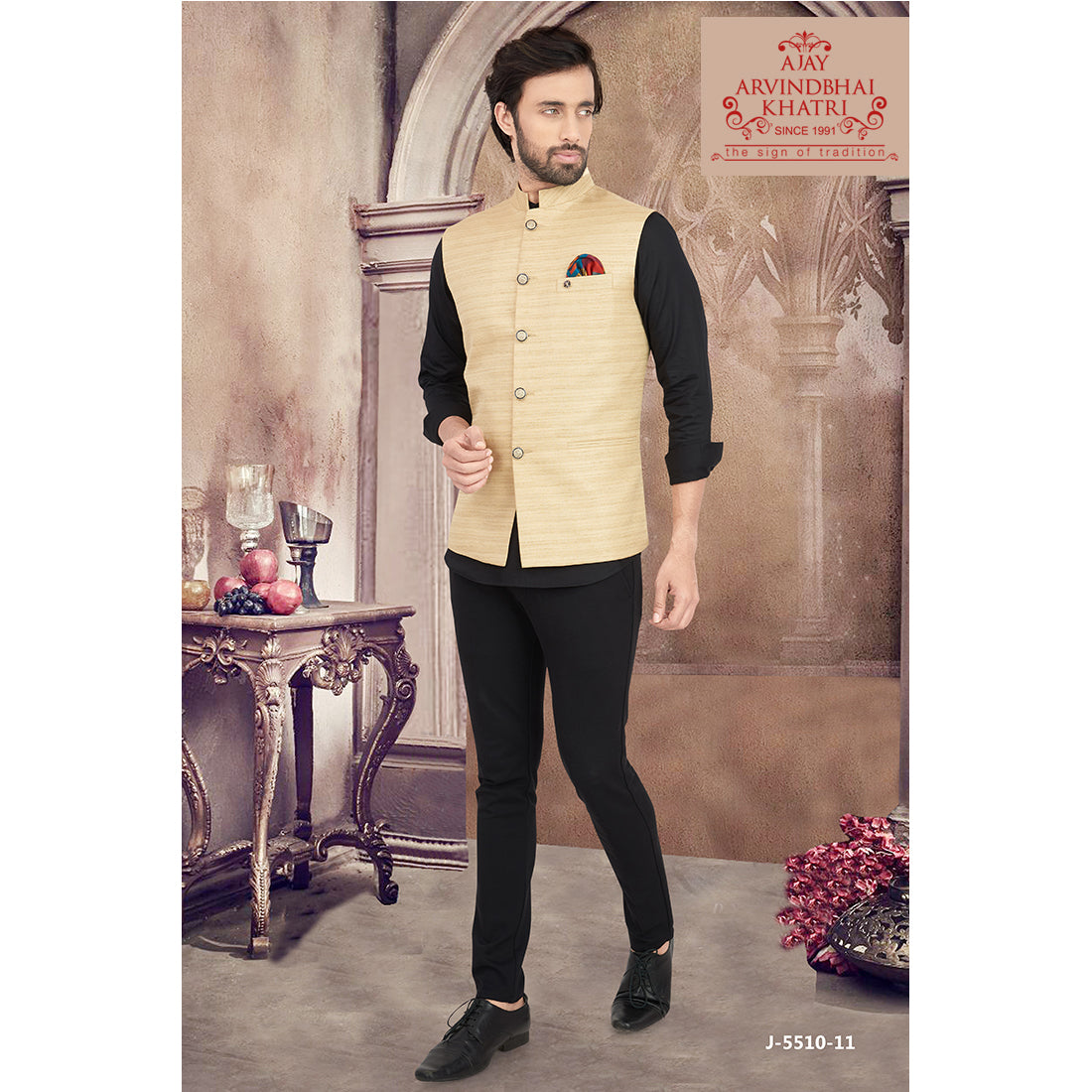 Men's Cream Color Nehru Jacket with Kurta set - DEYANN - 3779228