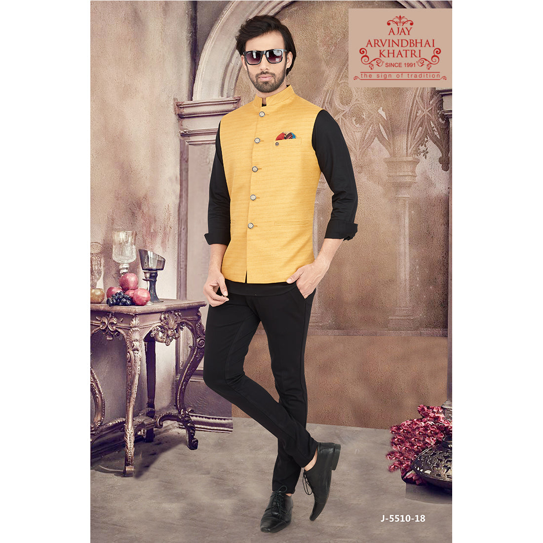 Buy Kisah Yellow Printed Nehru Jacket online