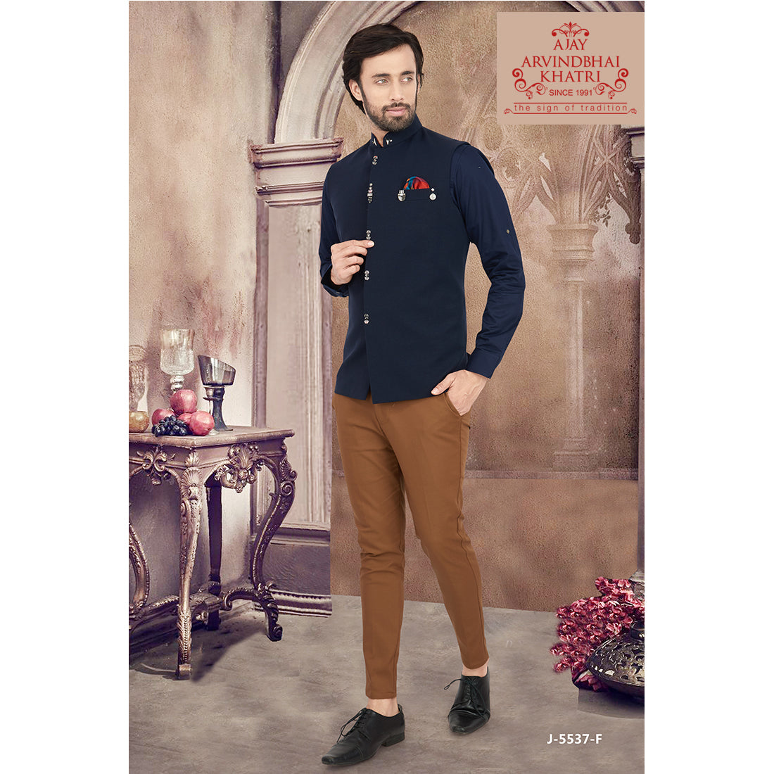Art Silk Kurta Pajama With Jacket In White And Navy Blue Colour - KP5750220